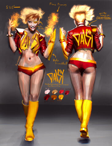 Daisy A blonde woman in a red leather jacket standing provocatively and creating fire from her hands. Daisy is Ego personified! A Hov-biker in the far future, she's 2nd to her gang leader and is always on the prowl to make her way to #1! Comic: Galactic